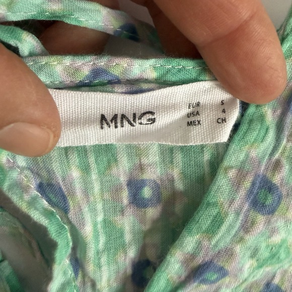 Mango MNG Maxi Dress SMALL Green Open Back Cotton Geometric Tiered Deep V Neck - Picture 9 of 11